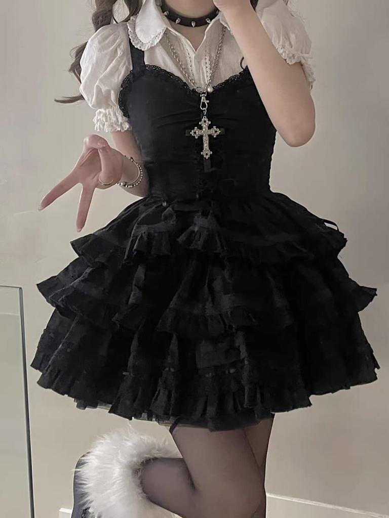 LAVASEON Spitze Kleid Süßes Oberteil und Unterteil Rüschenband und Hosenträger Mini Lolita Prinzessin Mori Girl Schönes Schwarzes Damen 2-teiliges Set, Set, Hemd,