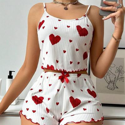 Pigiama da donna Set da notte 2 pezzi Canotte corte e pantaloncini bianchi Ventilate Soft Casual Love Printing