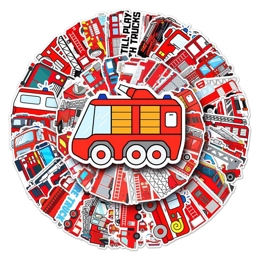 50pcs Waterproof Fire Truck Stickers for Suitcases, Scooters, Laptops & Tablets - Cartoon Decoration