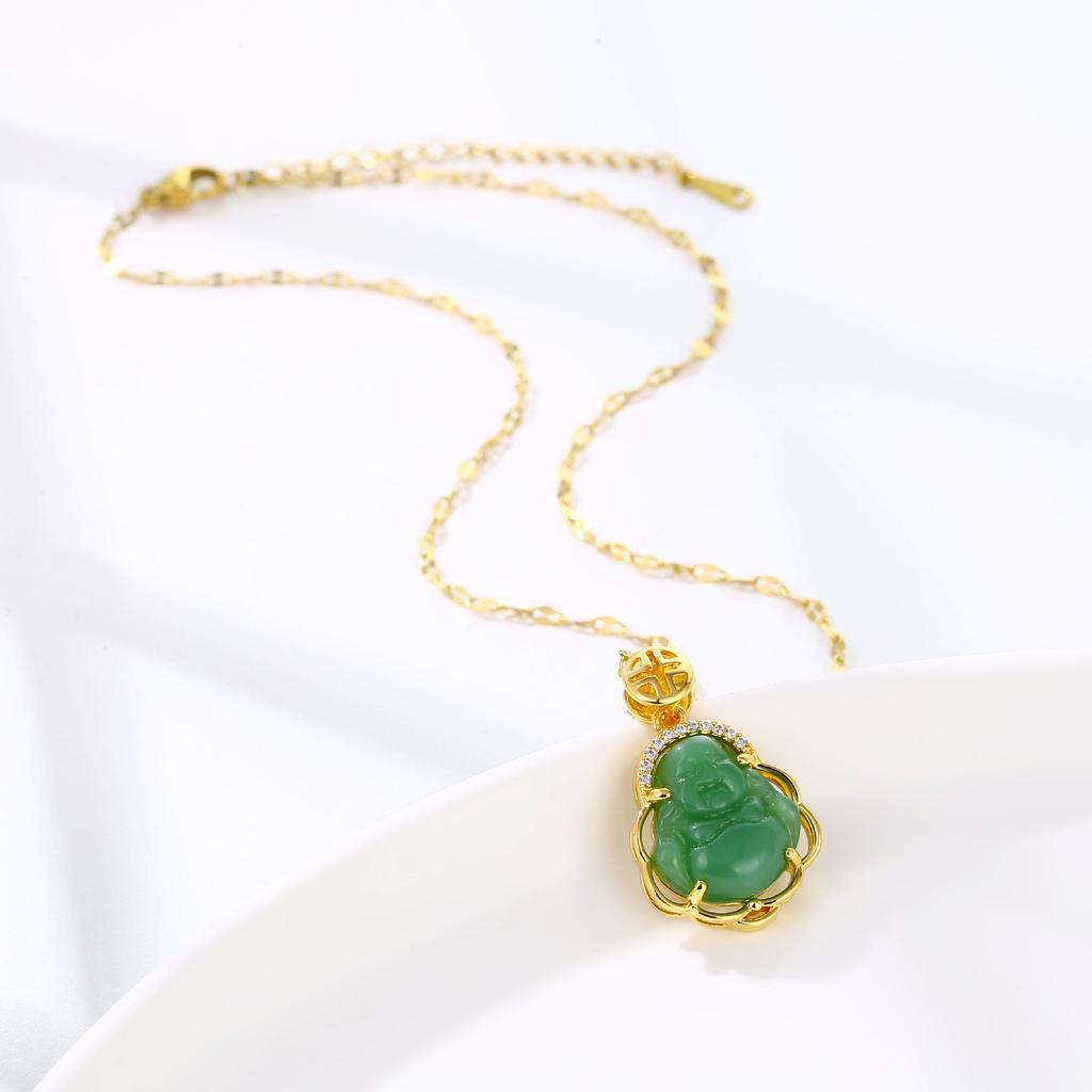 New Gold Inlaid Imitation Jade Marrow Big Belly Maitreya Buddha Fashion Necklace Copper Xiang Jewelry
