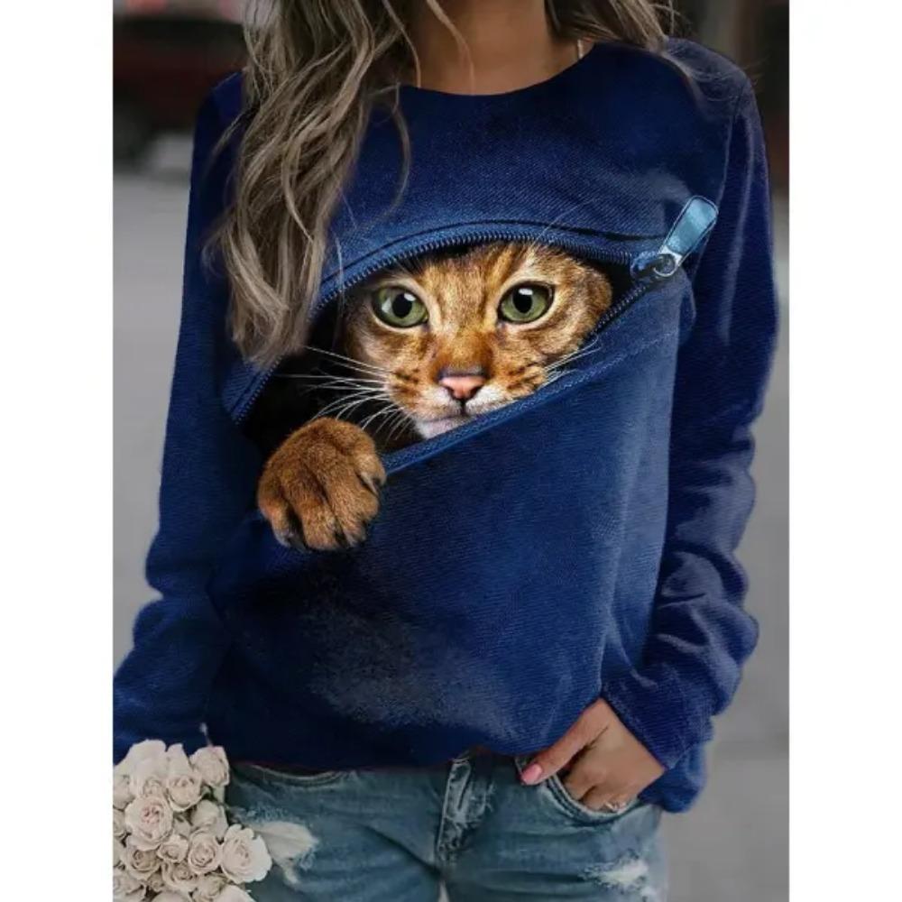 Spring and Autumn Round Neck Casual 3D Cat Print Cute Little Fresh Sweatshirt Women's Casual Home Wear Versatile Women's Hoodie