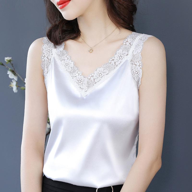 Women's V-Neck Satin Camisole - Sleeveless Black or White Top