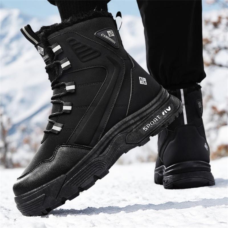 Winter Leather Boots with Fur Outdoor Men's Snow Boots Waterproof Non-slip Ankle Boots Work Cotton Boots Climbing Trekking Boots