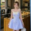 2026 summer sweet blue striped lace splicing suspender dress women's new pure waist and thin skirt