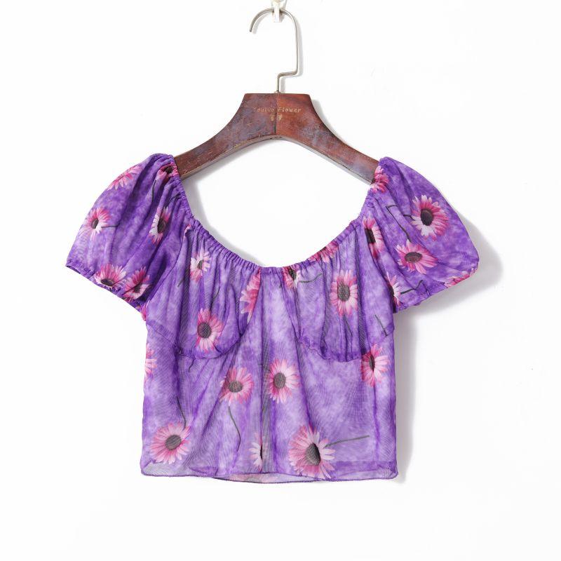 

Летняя женская одежда 2023 года, элегантный пуловер с открытыми плечами, с короткими рукавами, облегающий, эластичный, в клетку, короткая футболка Purple print M