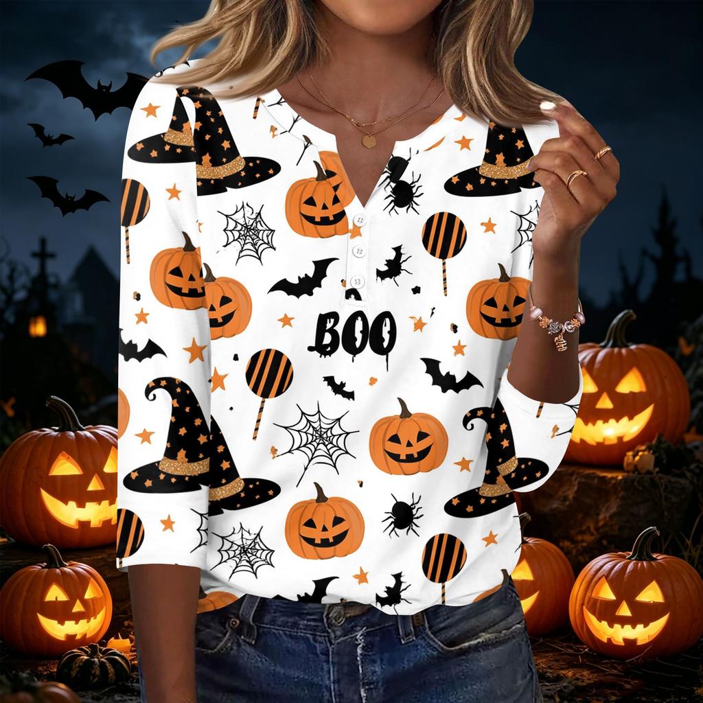 Women's Casual Halloween Print V Neck Button Three Quarter Sleeve T Shirt Top Lightweight Comfortable Fit for Seasonal Wear