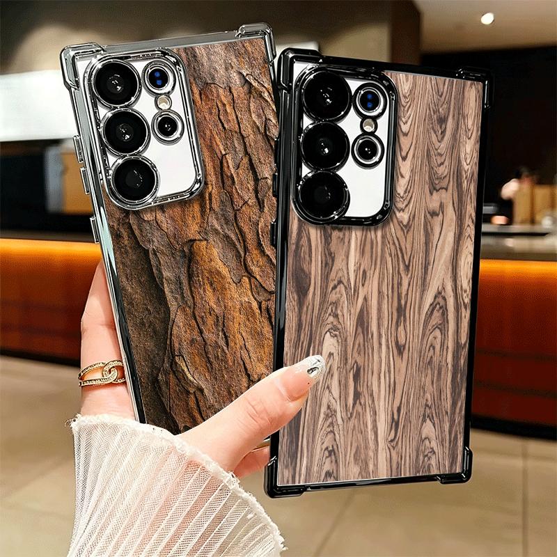 Vintage Wood Grain Pattern Plating Phone Case For Samsung Galaxy S24 S25 FE S26 Edge S23 Ultra S22 S21 Plus S20 Anti-Fall Airaba