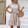 Women Summer Dress High Waist A-Line Lace Up O-Neck Dot Print Short Sleeve Lotus Leaf Midi Dress Sizes S-XL