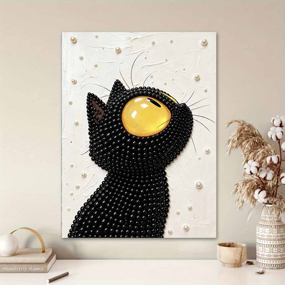 Framed Pearl Painting Kit Cute Black Cat Design 3D Shiny Bead Art Canvas for Bedroom Living Room Decoration