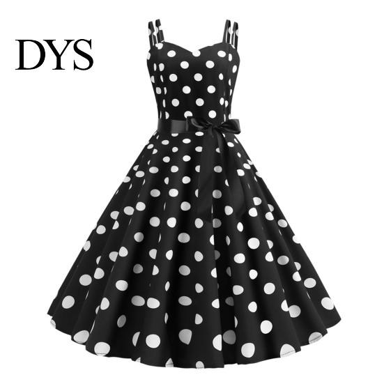 Vinatge 60s Sundress Women Dress Retro A-line Big Swing Tight High Waist Bow Decor Sleeveless V Neck Back Zipper Dot Print Contrast Color Party