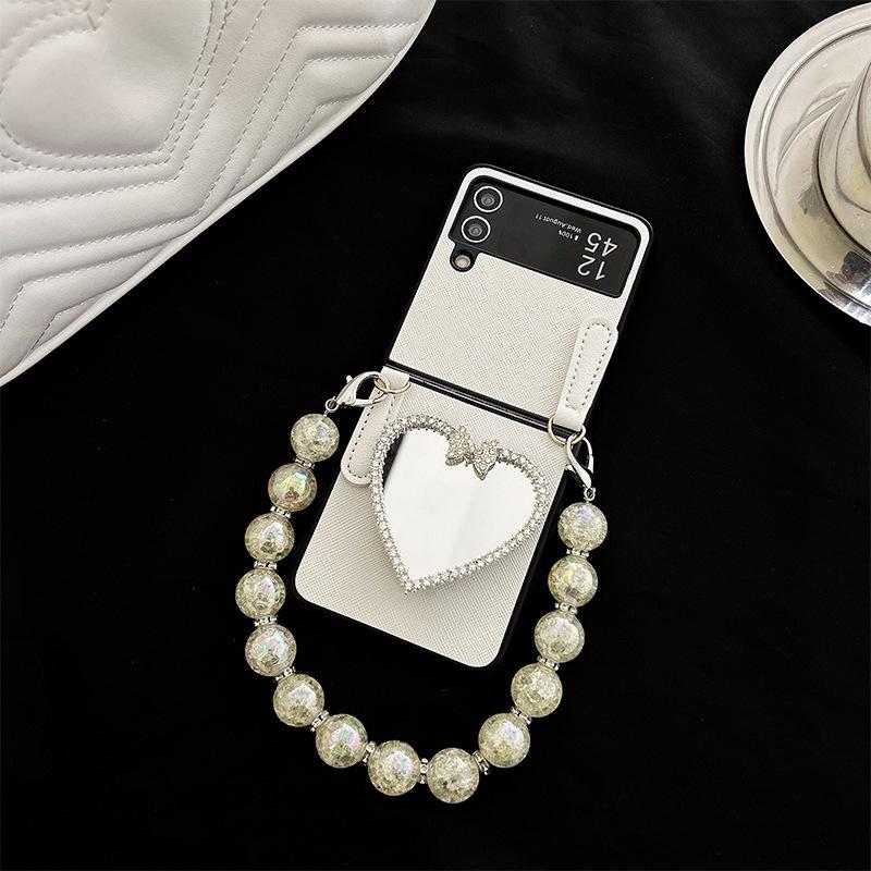 

Mirror Airbag Holder Phone Case for Samsung Zflip 7 Flip Folding Screen Bead Chain Handheld Xflip For Samsung ZFlip3