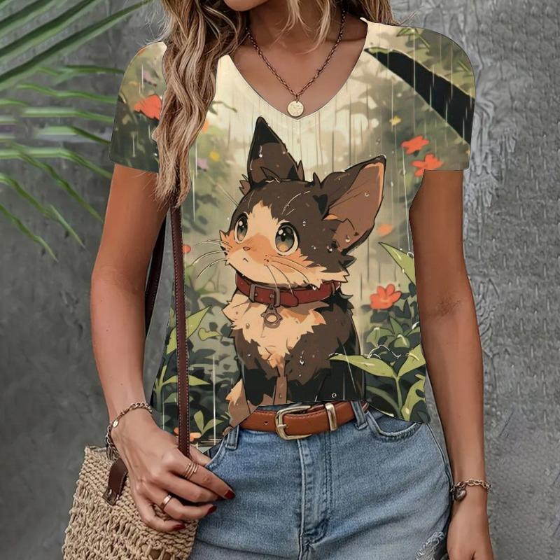 

Women s T-shirt Casual Loose Short Sleeve Clothing Cat Pattern Top Summer New Fashion V-neck Half Sleeve Women s Clothing L