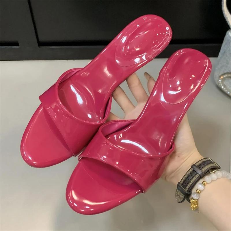 Eilyken Summer Patent Leather Open Toe Slippers Thin Low Heels Beach Prom Slide Prom Slide Shoes
