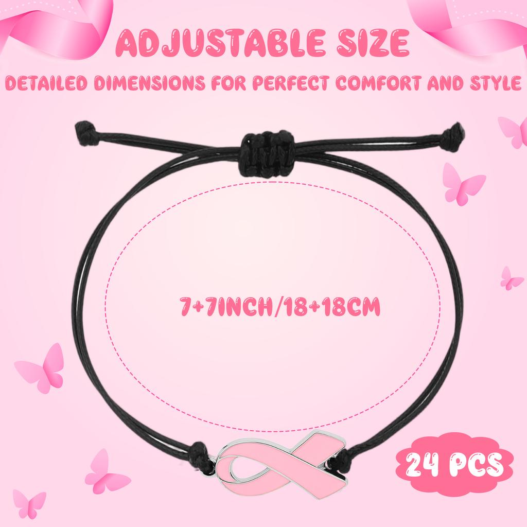 24 Pcs Breast Cancer Awareness Bracelets For Women, Pink Ribbon Bracelets, Adjustable Cord And Braided Ribbon, Chest Accessories
