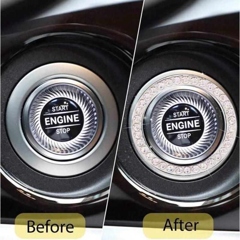 Car Interior Decor Logo Stickers, Shiny Rhinestone Car Ring Accessory for Women, Car Parts Ignition Start Button