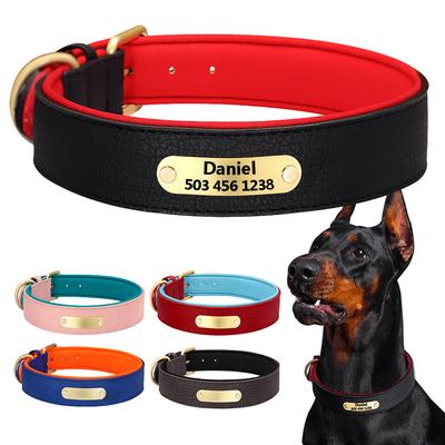 Custom Engraved Dog Collar Leather Padded Dogs Collars With Personalized ID Plate Tag 2 Layers For Small Large Dogs Pitbull