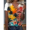 Ladies' Tropical Vacation Style Sunset Coconut Tree Floral Print V-neck Short Sleeved T-shirt, Full Print, Seaside Vacation Pattern