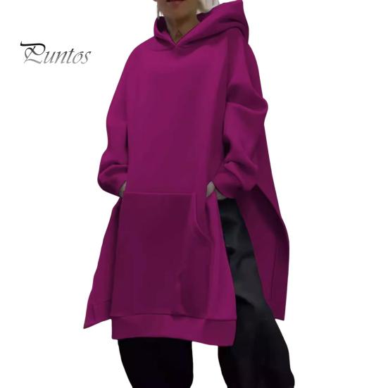 

Осенне-зимняя женская толстовка с капюшоном, разрезом по низу, средней длины, с капюшоном, свободная, плотная, теплая, с длинными рукавами, большим карманом, повседневная толстовка с капюшоном S пурпурно красный