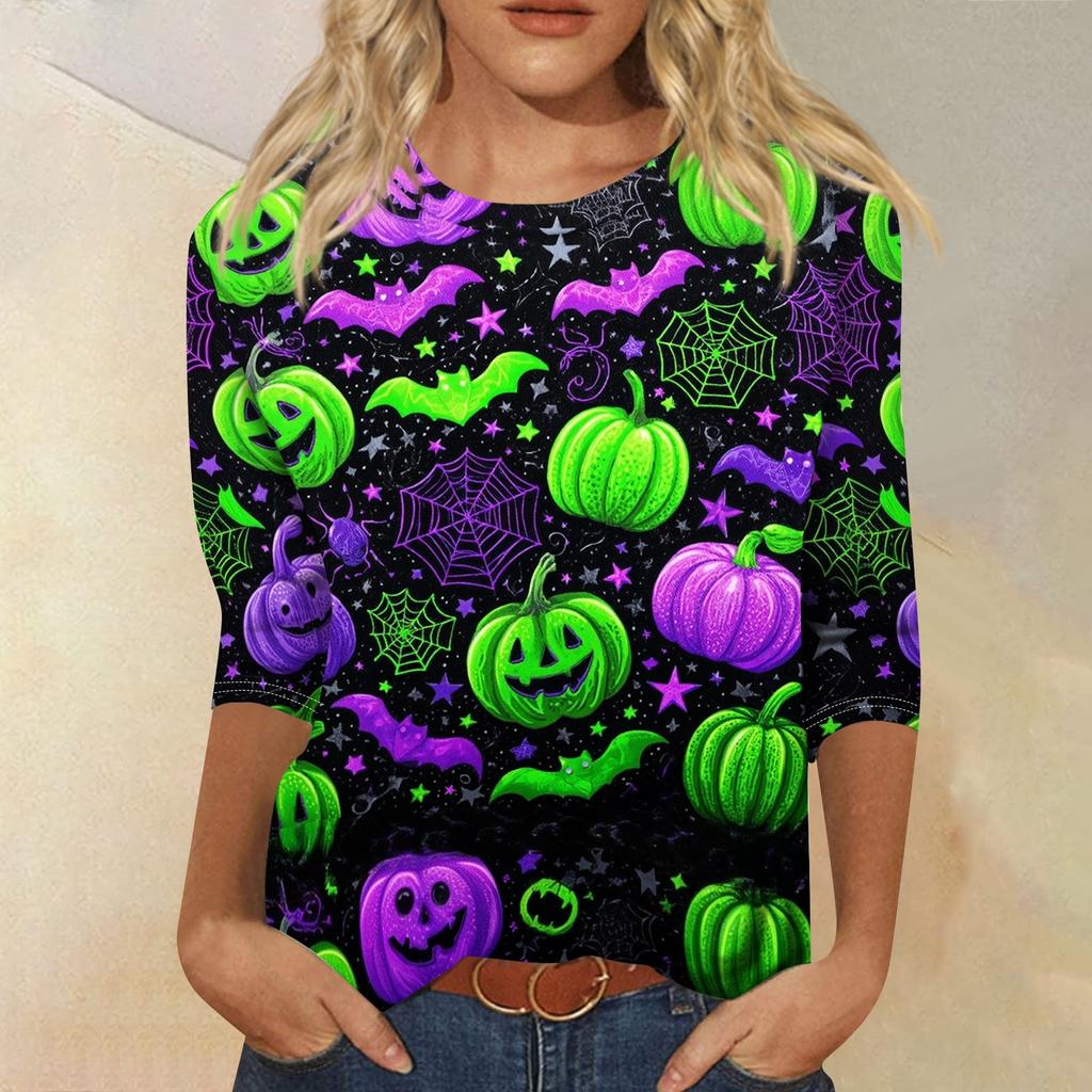 Women's Halloween Print Shirt Three Quarter Sleeve Round Neck Loose Casual Blouse T Shirt Suitable for Seasonal Wear and Everyday Use
