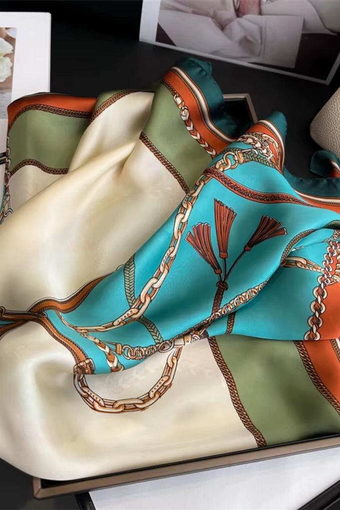 Satin Scarf 70X70 - Equestrian Motif, Turquoise and Orange
