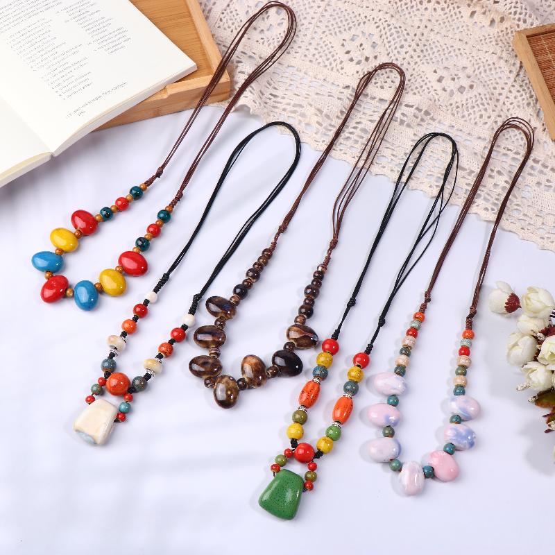 Colorful Ceramic Bean Necklace Handmade Boho Pendant Adjustable Vintage Jewelry For Women Gift