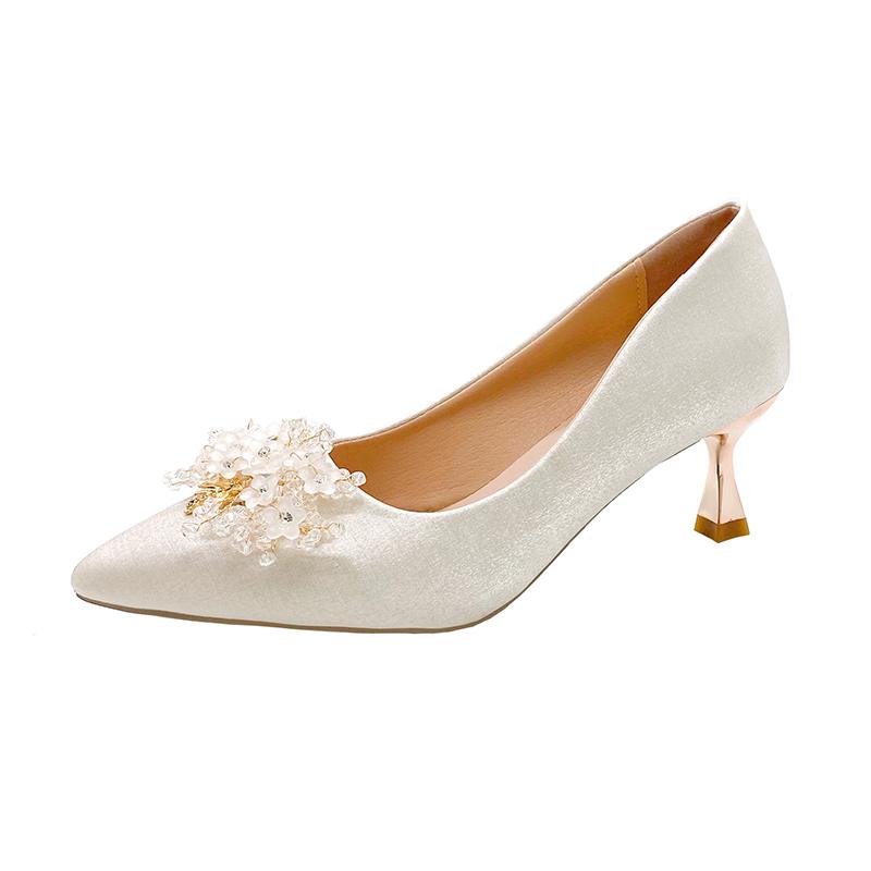 Low Top Single Shoes Fashion Pointed Toe Shallow Slip Rhinestone Flower Slip-on Non-Slip Heels