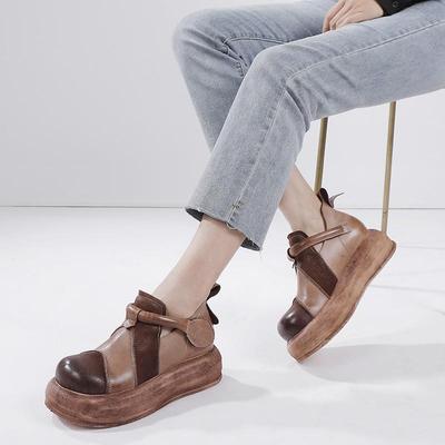 Sapatos femininos de couro legítimo plataforma plana versátil vintage bico redondo sola grossa