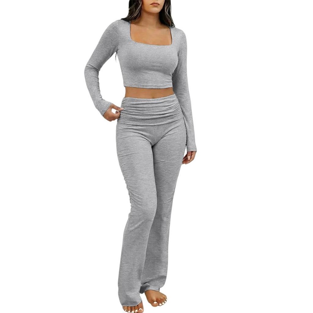European and American Women's Casual Sports Slim Knit Square Neck Long Sleeve Two-Piece Set