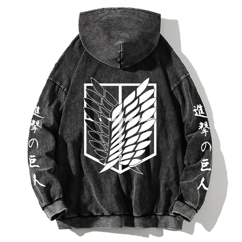 Attack on Titan Manga Hoodie Harajuku Sweatshirt Herren Damen Langarm Streetwear Kleidung Vintage gewaschene Baumwolle Kapuzenpullover