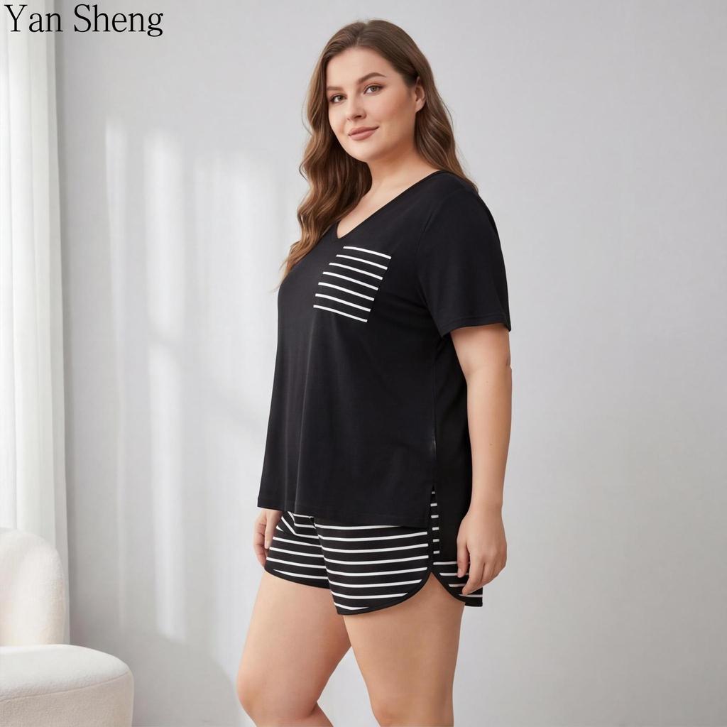 Large Size Women's Pajamas Set Short-sleeved Shorts Colored Cotton Loose Home Clothes Summer Casual Two-piece Set