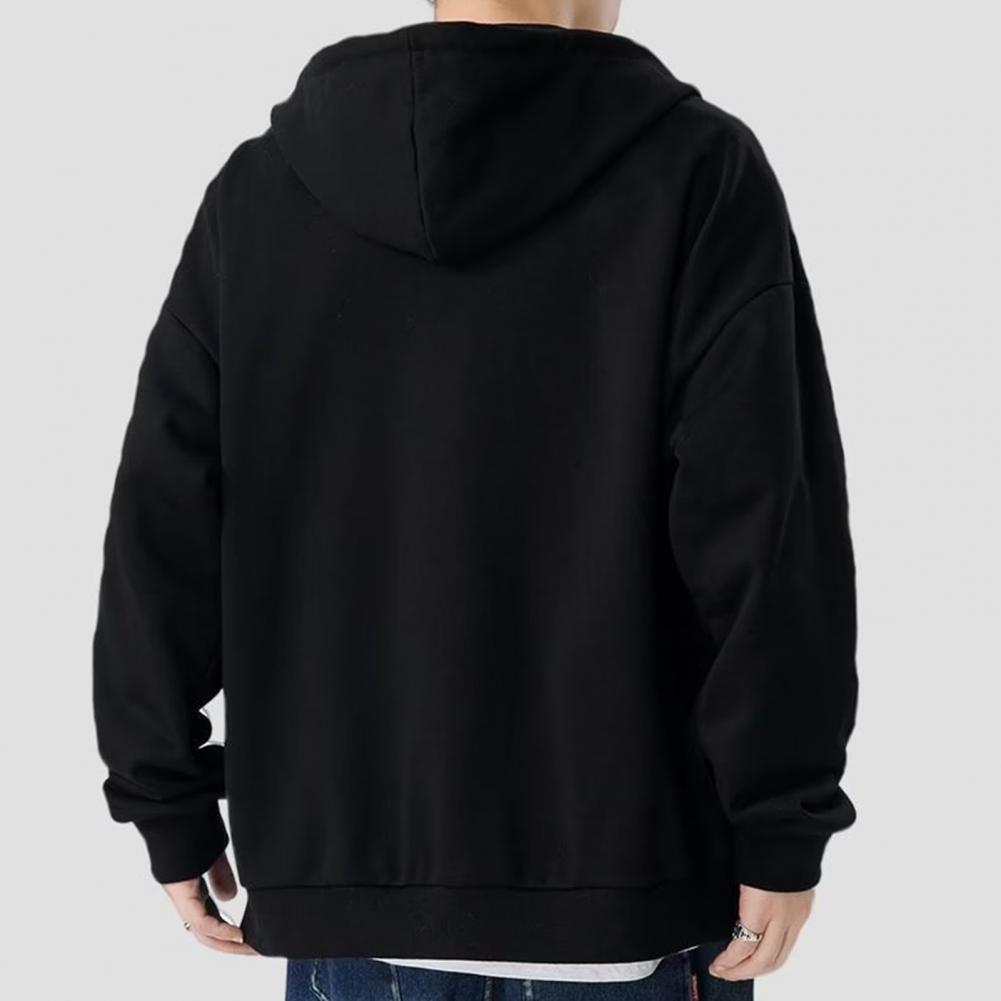 Men Fall Winter Hoodie Drawstring Loose Zip-up Long Sleeves Pockets Hooded Plus Size Cardigan Thin Pure Color Daily Wear Casual