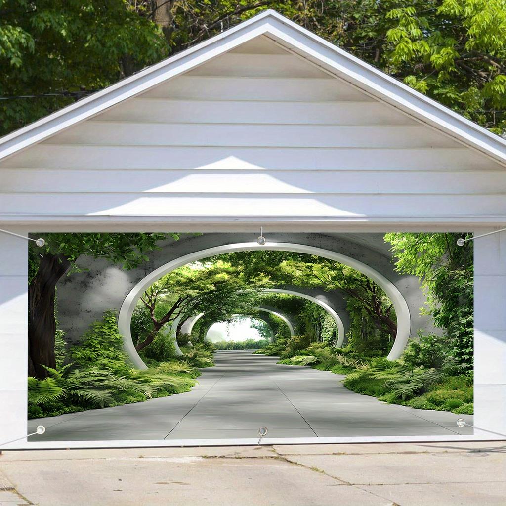 A large decorative backdrop for an arched garage door surrounded by green trees