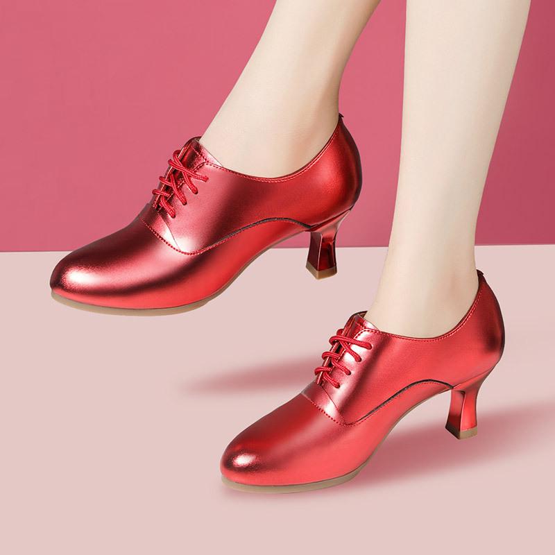 4cm 6cm Comfortable Lace up Genuine Leather Shoes Women Pumps Spring 2025 Med Block Heels Shoes Red Silver for Dance Party Mom 33 4879₽