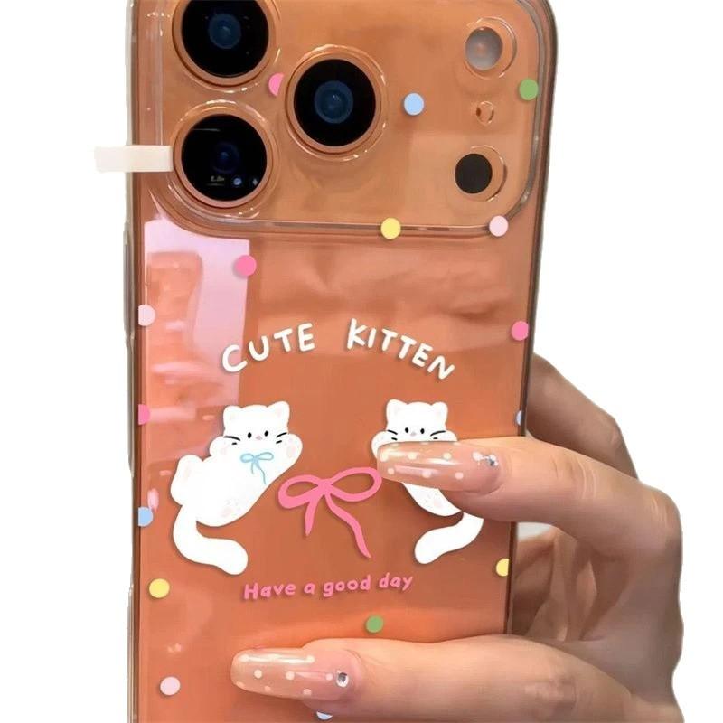 Cute polka dot bow cat suitable for Apple 17Promax mobile phone case IP16/15Pro transparent space case
