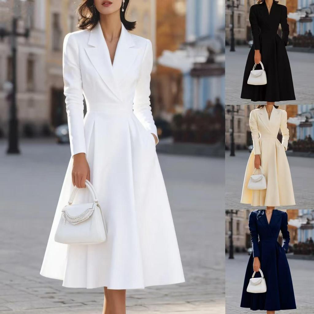 Abito Midi A-line da Donna con Scollo a V, Maniche Lunghe e Cintura