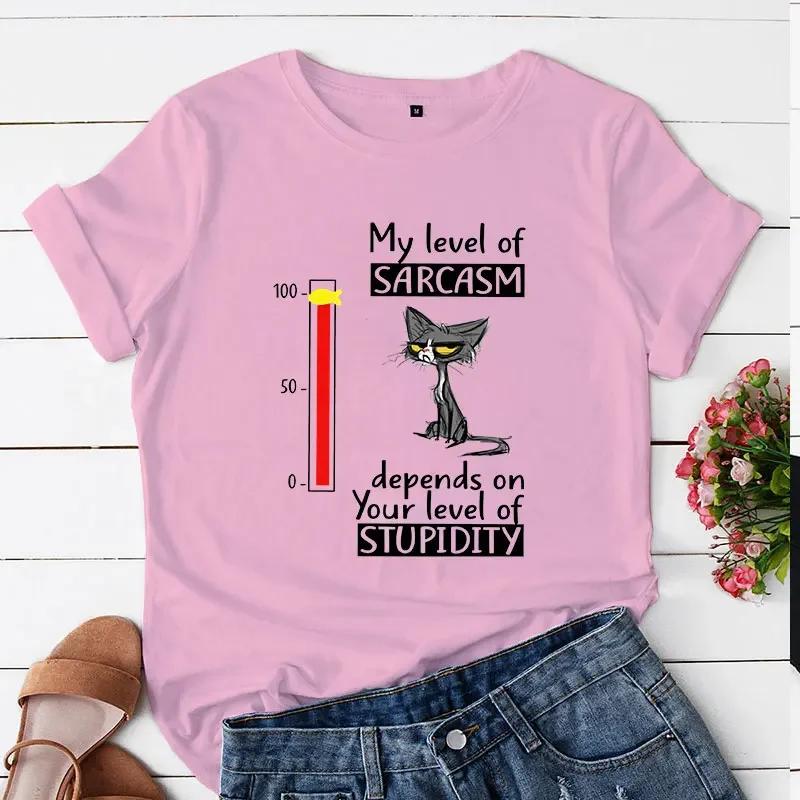 

New Fashion Unisex Tshirt My Level of Sarcasm Depends on Your Level of Stupidity Print Tops Cat Graphic Tee Shirt Female Clothes S