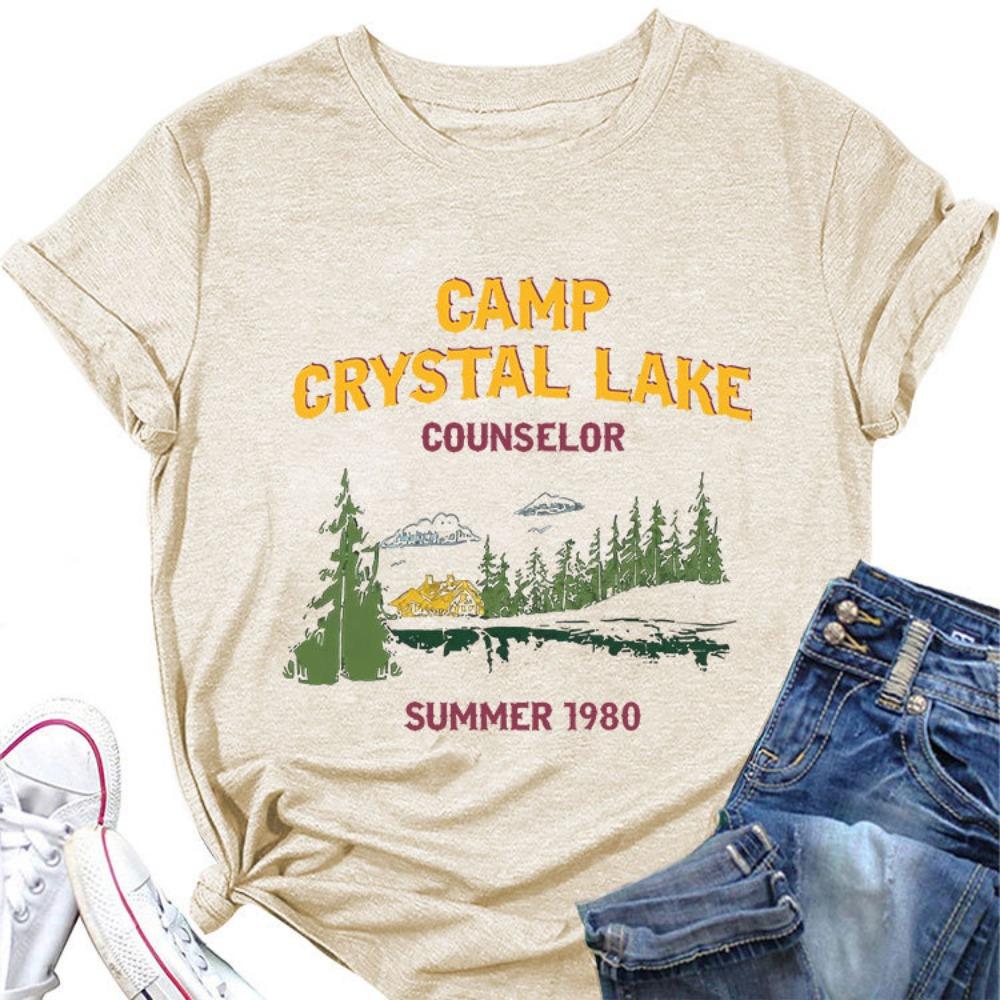 Summer New Women's Short Sleeved T-shirt Camp Crystal Lake Print Loose Round Neck Casual Top Paired with All Fashionable Clothing