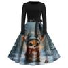 Women's Fashion Round Casual Slim Fit Christmas Print Large Swing Long Sleeve Dress