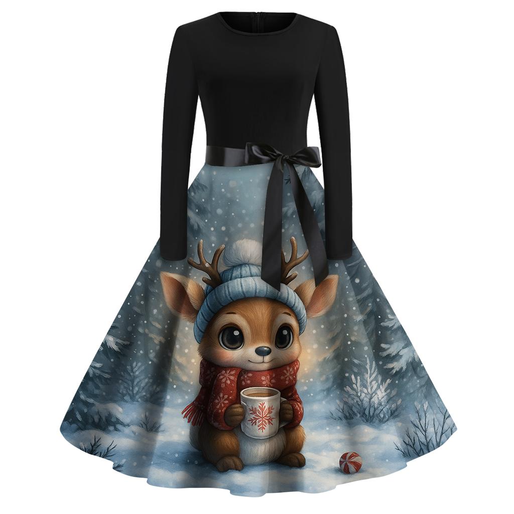 Women's Fashion Round Casual Slim Fit Christmas Print Large Swing Long Sleeve Dress