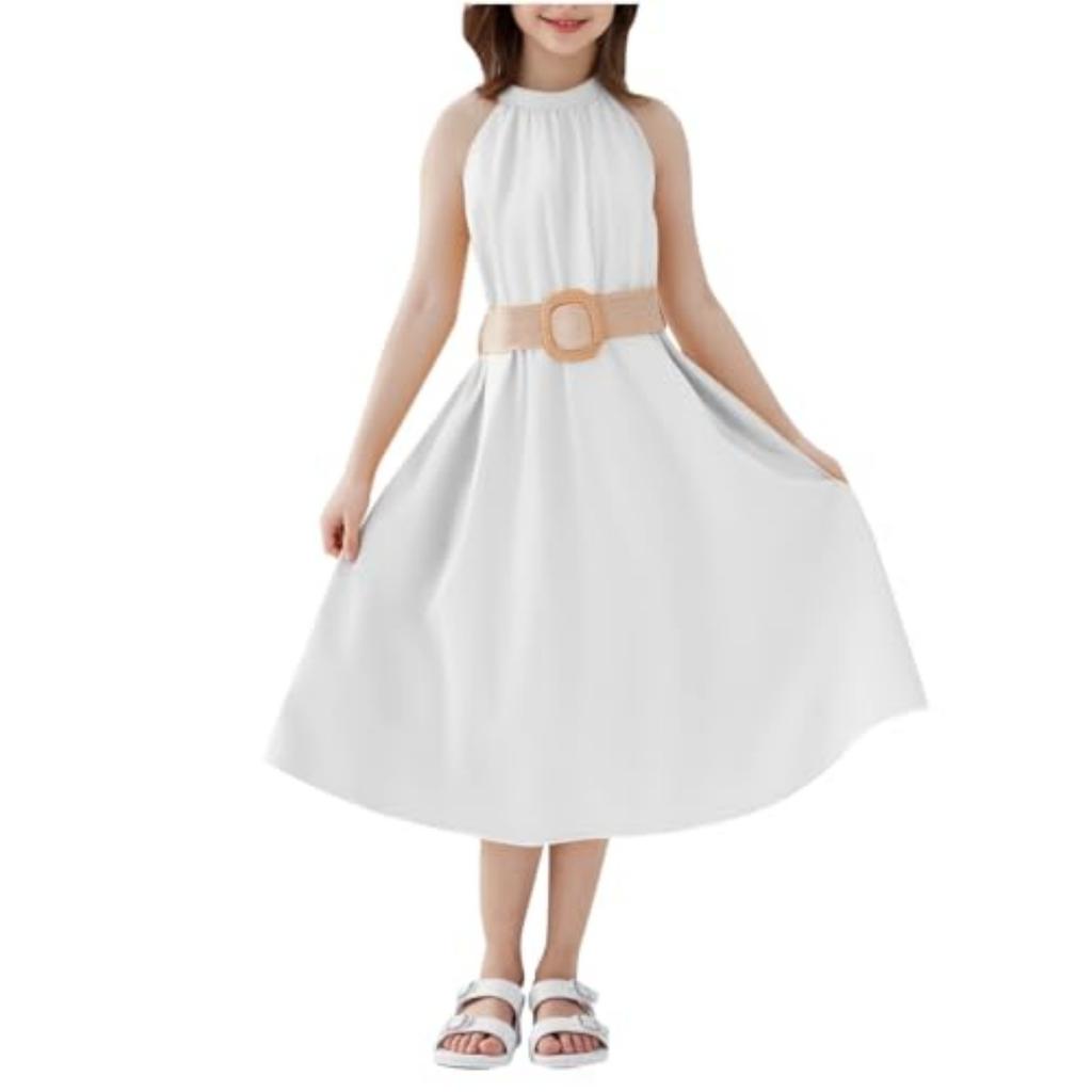 Girls Casual -Neck Sleeveless Waist-defined One-Piece Dress