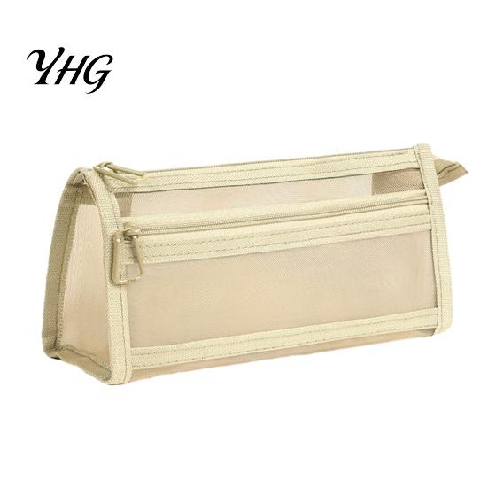 Wear Resistant Stationery Pouch Mesh Pencil Case with Zipper, Double Layer Large Capacity Compact Makeup Brush Holder Organizer, Transparent