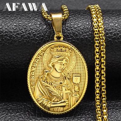 Heilige Barbara Kreuz Medaillon Halskette für Damen Herren Edelstahl Goldfarbe Amulett Christliche Kette Schmuck colar NZZ474S02