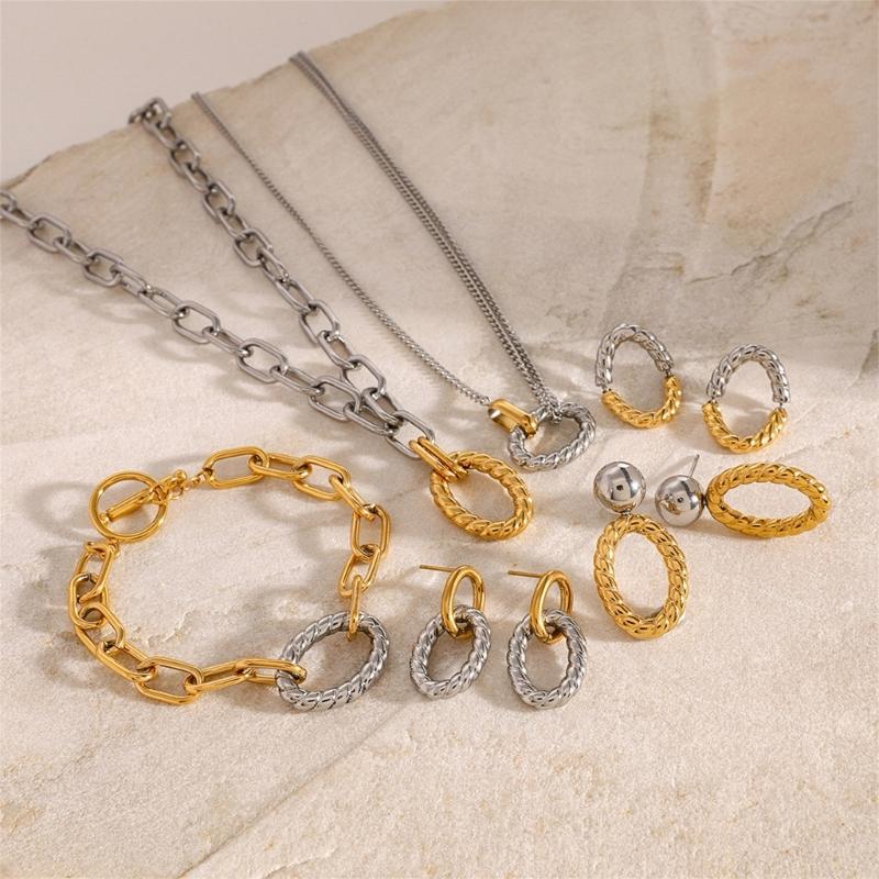 Elegant Stainless Steel Texture Jewelry Set with Round Stripes Designs Includes Necklace Earrings and Bracelet