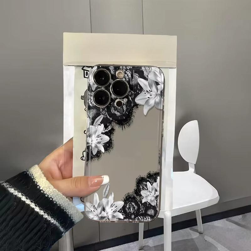 Black Lace White Lily Flower Print Clear Phone Case for iPhone 17 Pro Max 16 15 Pro 14 13 12 11 XR 17Air 16 Plus Silicone Cover