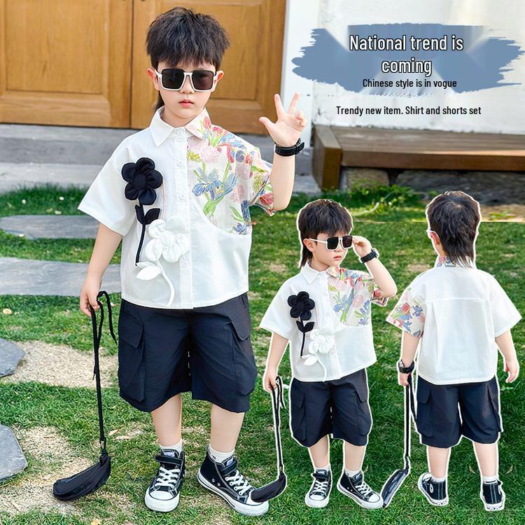 Boys' 2026 Summer Fashion: 3D Flower Print Short Sleeve Shirt & Shorts Set