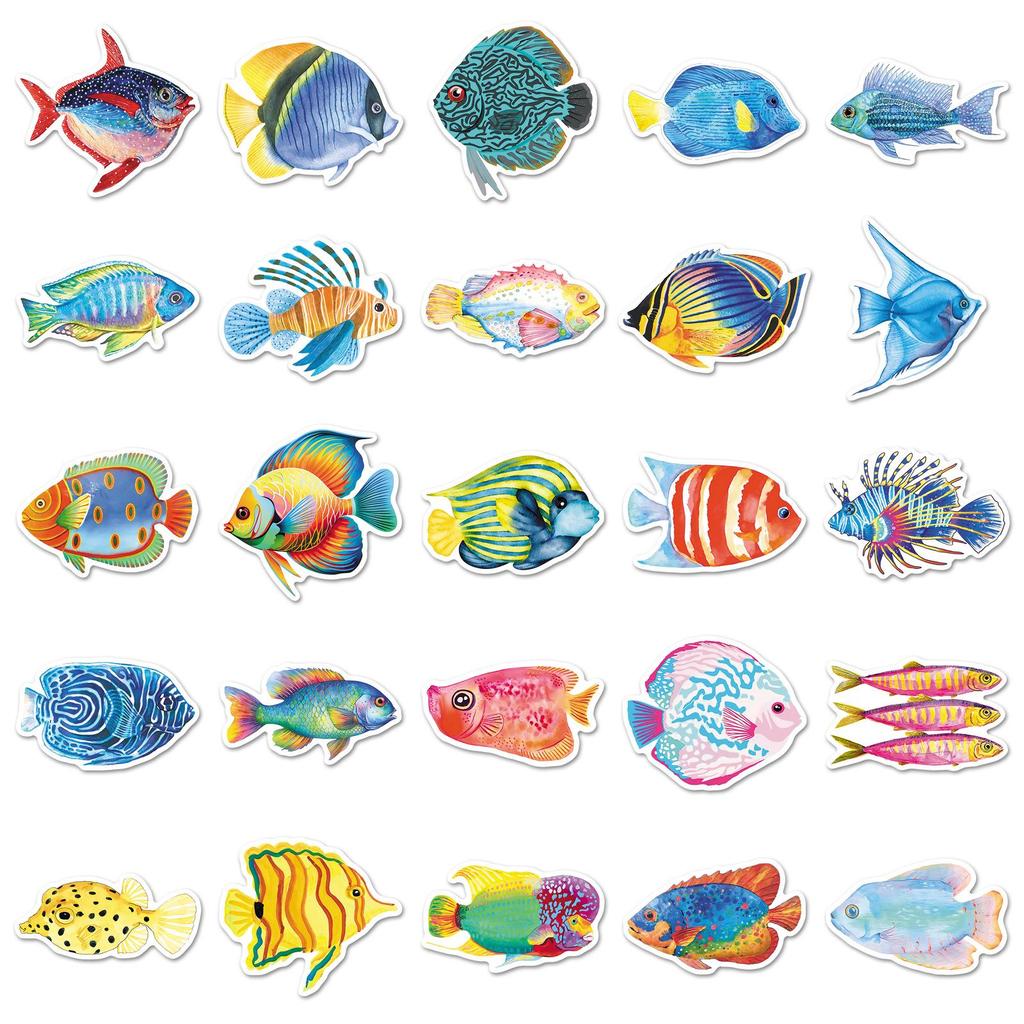 50pcs Ocean Series Fish Stickers: Waterproof Cartoon Animal Decals for Water Bottles and Storage Boxes