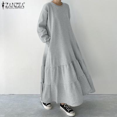 Damen Lässig Rundhals Locker Langarm Herbst Winter Langes Kleid