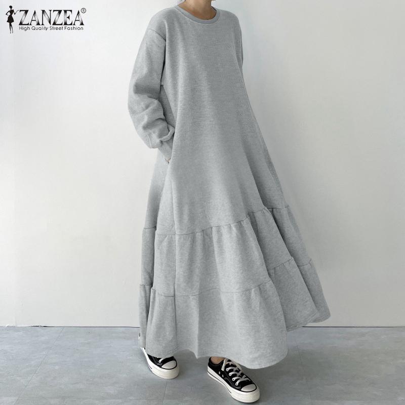 ZANZEA Kvinner Casual Rund Hals Løs Langermet Høst Vinter Lang Kjole