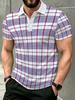 Men's Short-sleeve Polo Shirt, Available in Multiple Sizes. Features a Button- Collar with a Red and Blue Checkered Stripe Pattern on a White Base.