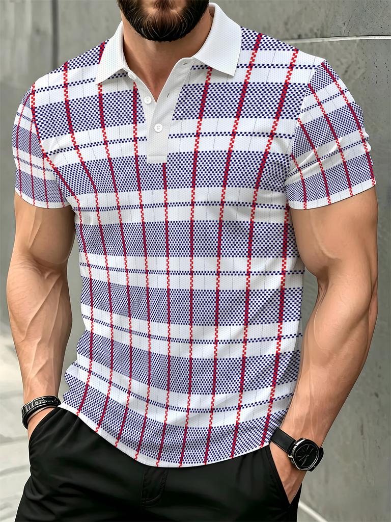 Men's Short-sleeve Polo Shirt, Available in Multiple Sizes. Features a Button- Collar with a Red and Blue Checkered Stripe Pattern on a White Base.